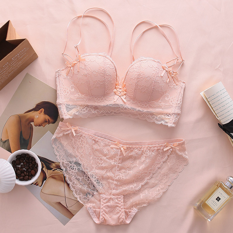 可莉允性感蕾丝美背文胸套装女士小胸聚拢显大内衣内裤上托侧收副乳