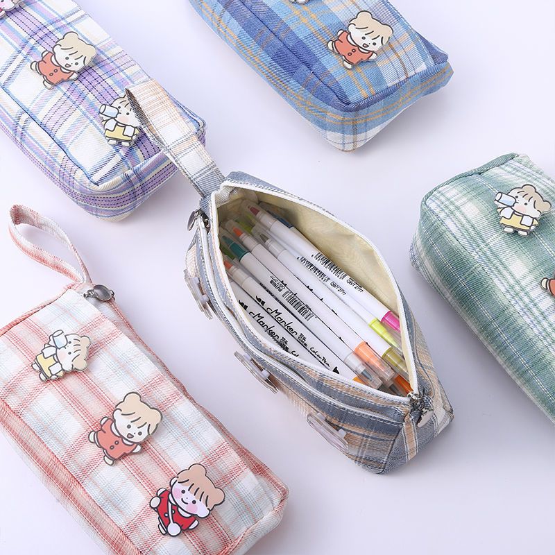 日系jk格子笔袋学生笔袋大容量盐系帆布笔袋ins女铅笔盒初中小学生