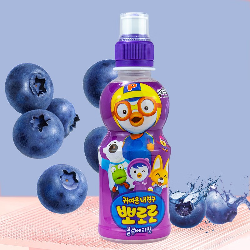 {蓝莓味*3]韩国进口啵乐乐儿童饮料Pororo果汁果味苹果蜜桃宝露露饮品235ml*3高清大图