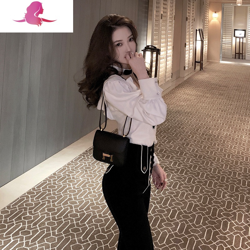 艳如飞方领荷叶边白色衬衫女春季新款洋气设计感小众短款泡泡袖修身上衣衬衫