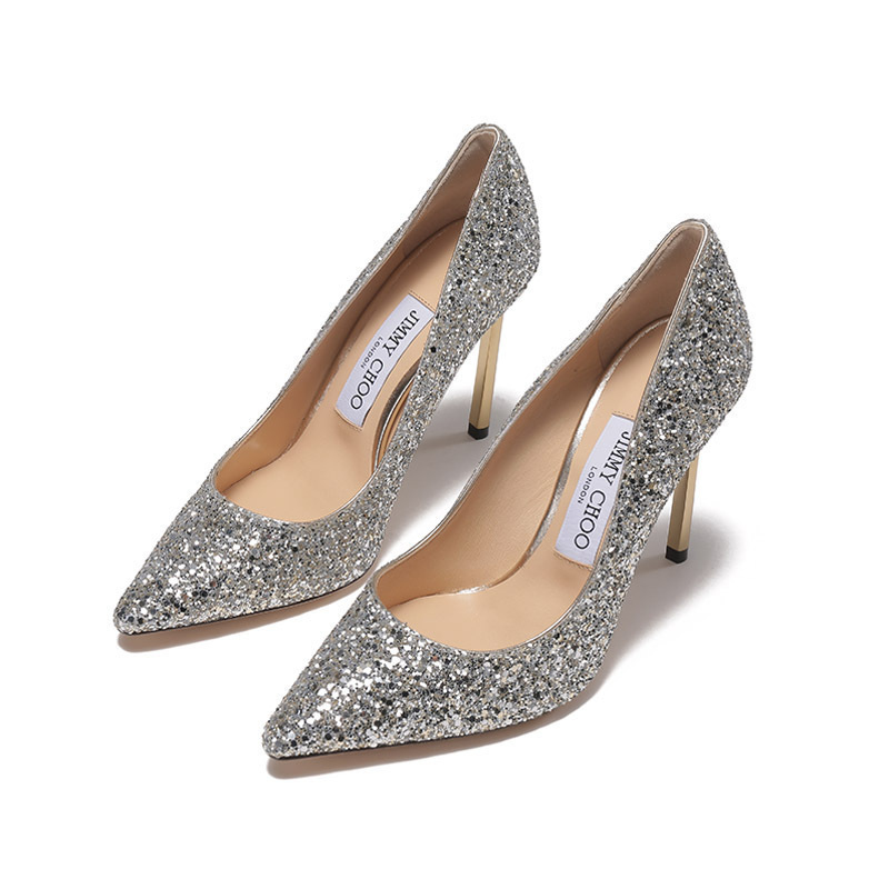 周仰杰jimmychoo女士闪光面料尖头浅口细跟高跟鞋单鞋romy100cgf194