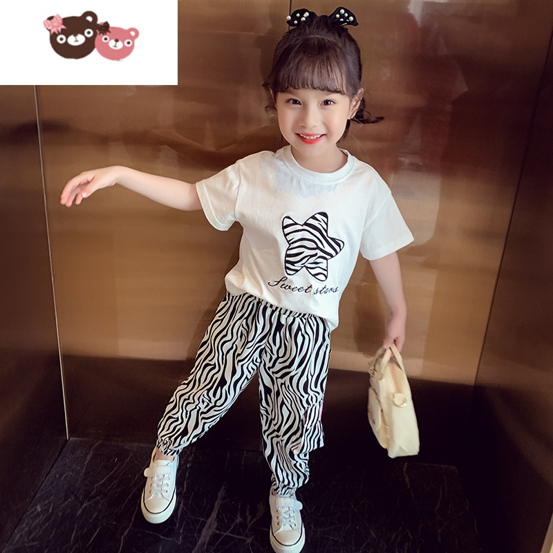 绿彩虹光女童休闲套装夏装2022新款儿童洋气卡通T恤上衣工装裤两件套女孩