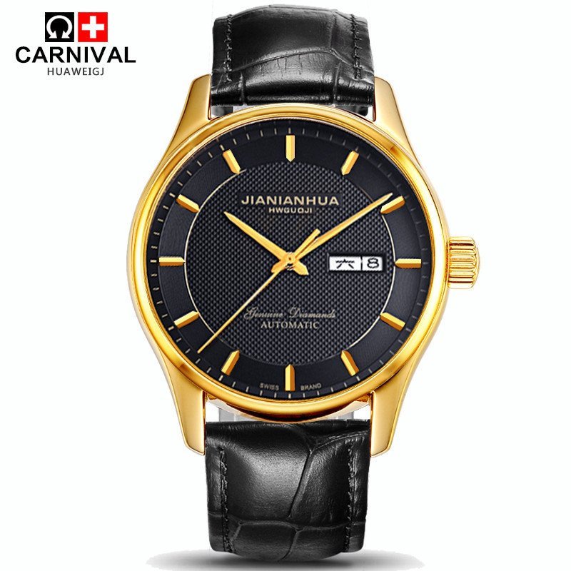 瑞士嘉年华CARNIVAL手表 新款商务系列防水男士全自动机械表 男正装时尚双日历精钢男表 精钢金属腕表8612G 皮带间金黑面条丁