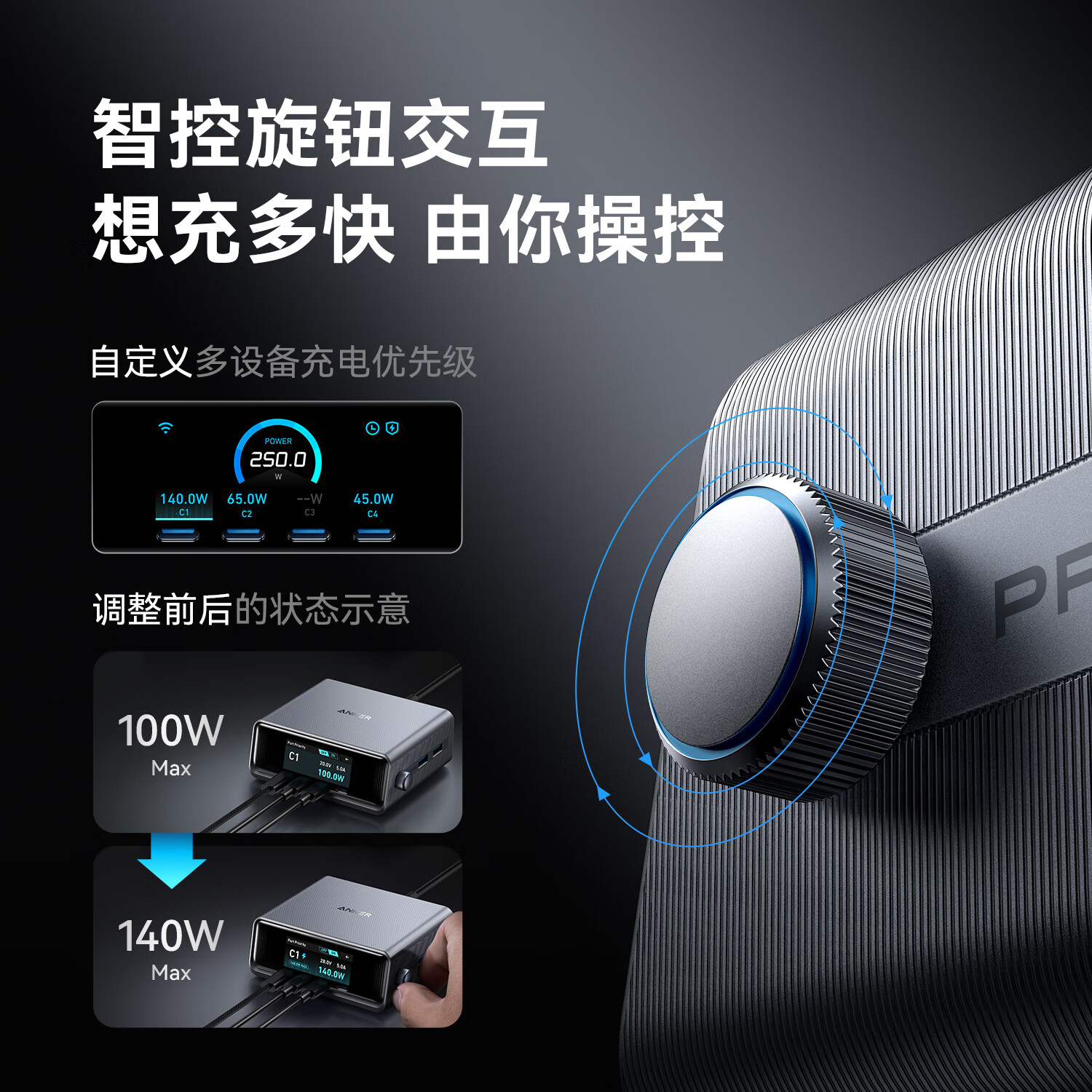 安克(anker)桌面充pro250W屏显桌面充电站Prime 氮化镓type-c快充适 A2345高清大图