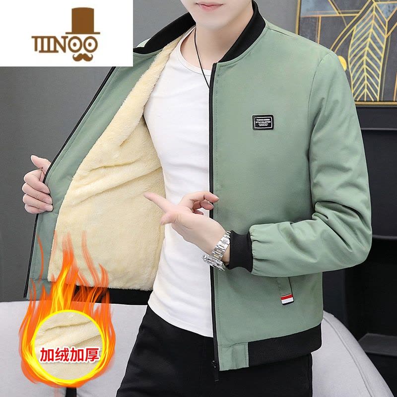 YANXU男士外套韩版修身加绒立领夹克男秋装个性潮男冬装加厚棉衣服图片
