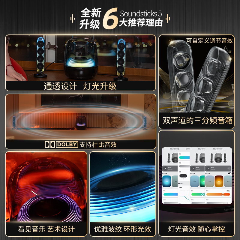 哈曼卡顿Soundsticks 5 音乐水晶5代 玄光版桌面蓝牙音箱 低音炮音响 黑色 居家艺术音响高清大图