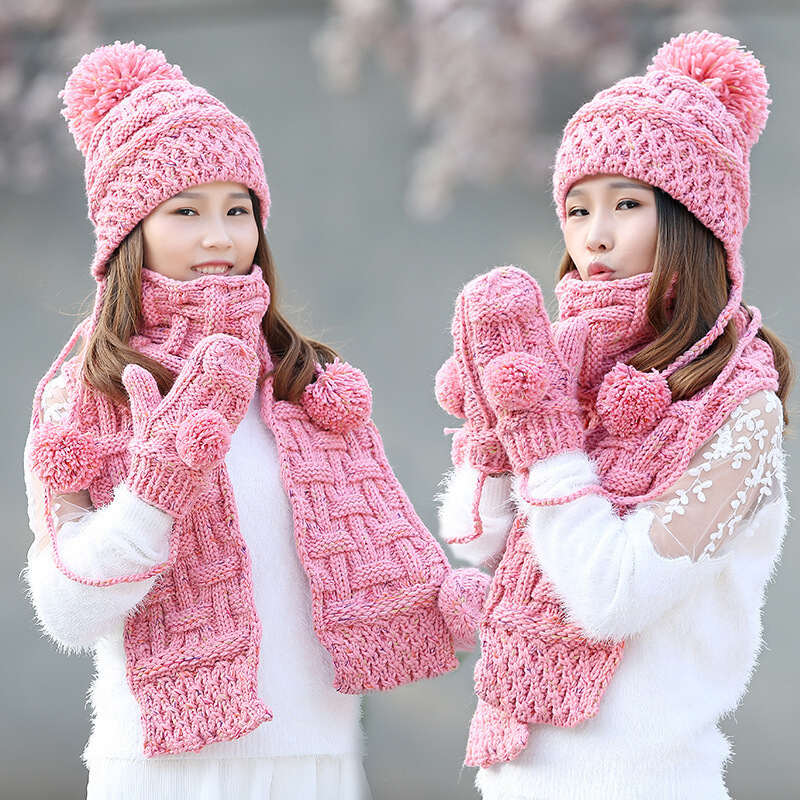 迪鲁奥diluao帽子围巾手套三件套女冬天加绒针织毛线帽围巾一体送女友
