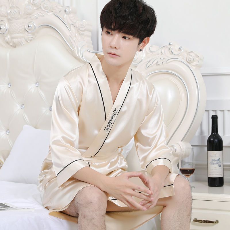 睡袍男士夏季冰丝薄款一体式宽松韩版睡衣丝绸春秋家居服夏天浴袍男