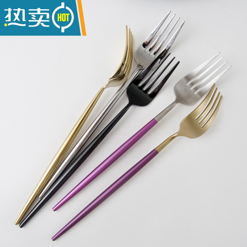 敬平OUDING北欧风INS长柄304不锈钢叉子餐叉西餐主餐叉水果沙拉牛排叉 全银牙签高清大图