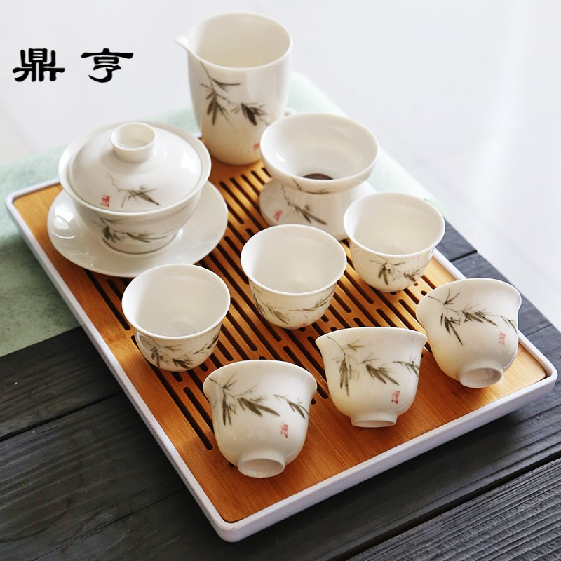 鼎亨 白瓷手绘釉下彩茶具套装 家用盖碗茶杯整套陶瓷礼品礼盒茶具