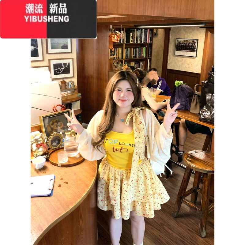 YIBUSHENG安妮不火 日女友拼接碎花连衣裙女2024季新款微胖大码小裙子