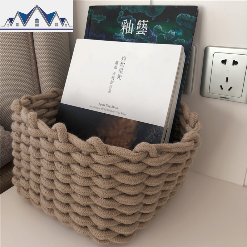 加厚棉线收纳篮带提手杂物小篮子 玄关茶几桌面放零食布艺收纳筐 三维工匠 焦糖色正方中号长23*宽23*高16cm