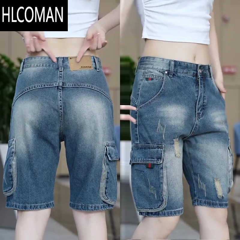 HLCOMAN美式复古工装牛仔短裤男士夏季薄款潮牌宽松五分裤多口袋休闲中中 32130-140 211深蓝色一件