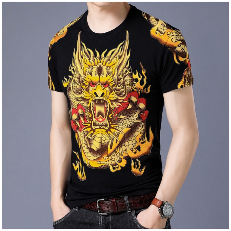 古惑仔体桖衫男士短袖t恤有龙图案纯棉丅上衣服 2xl 黑底中间龙头短袖
