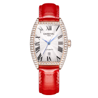 正品嘉年华Carnival手表女士全自动机械表 女表时尚潮流防水镶钻日历表真皮名牌女表新款酒桶腕表8857 玫白红皮