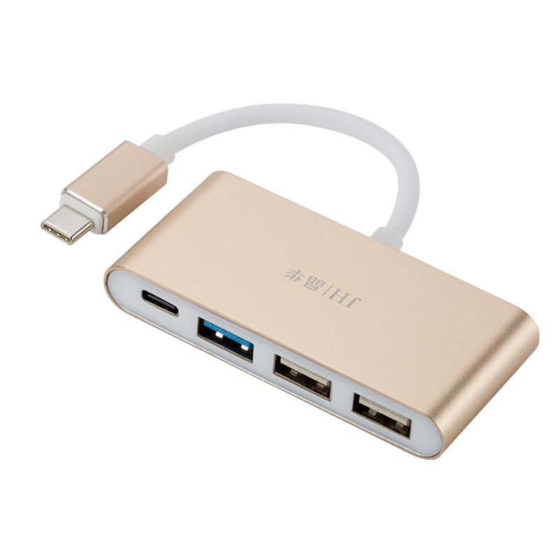 JH晶华 type-C转USB+PD接口转换器USB-C3.0HUB分线器苹果电脑扩展双USB 一变四出 金色