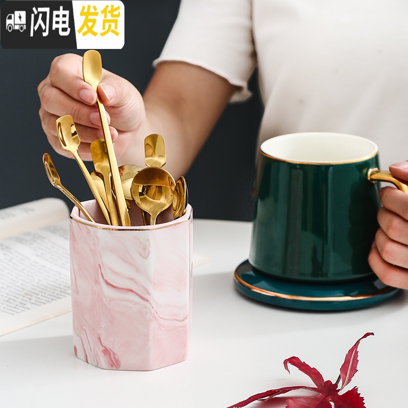三维工匠ins风几何大理石纹笔筒桶 陶瓷化妆刷筒桌面摆件眼线笔眉笔收纳筒 收纳铁架高清大图
