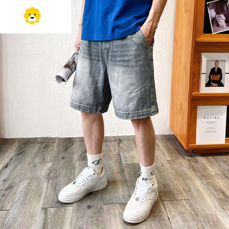 fishbasket港版复古超质感做旧水洗牛仔短裤男士五分裤季宽松直筒美式