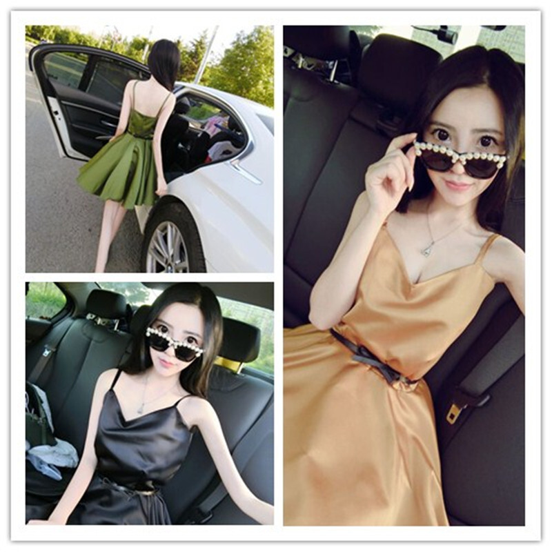 连衣裙女夏2018新款小心机小V领露背收腰带裙礼服裙a字大摆裙潮香槟黄均码