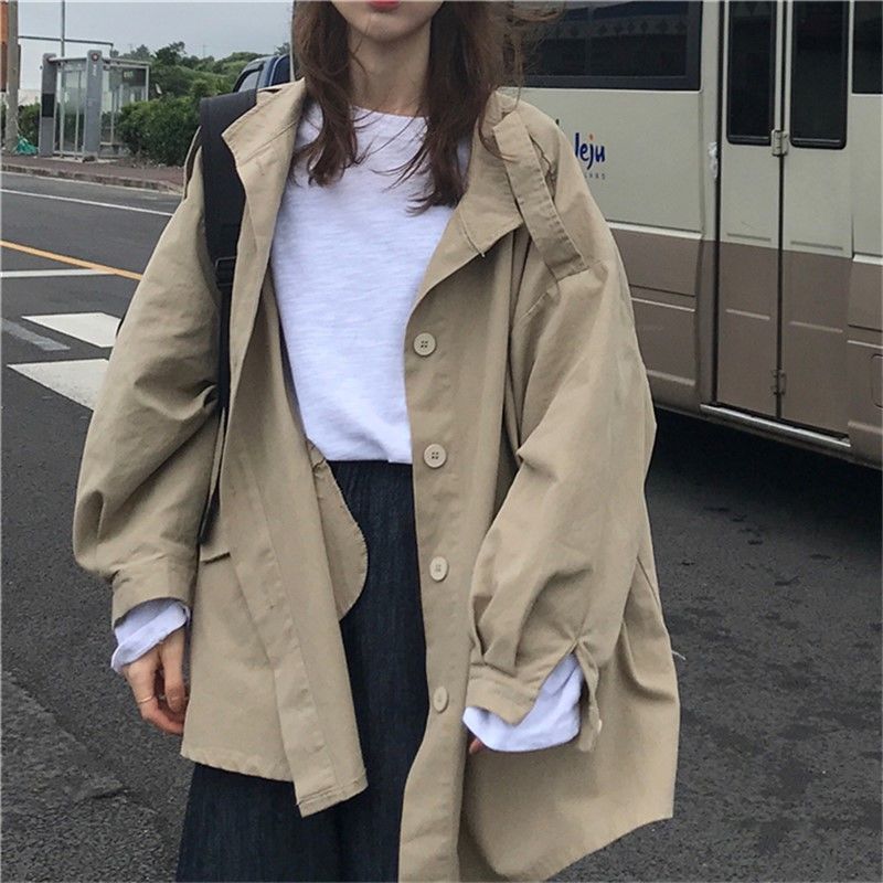 春秋季新款港味工装长袖外套女学生宽松显瘦懒惰夹克棒球服上衣潮 卡其色 S