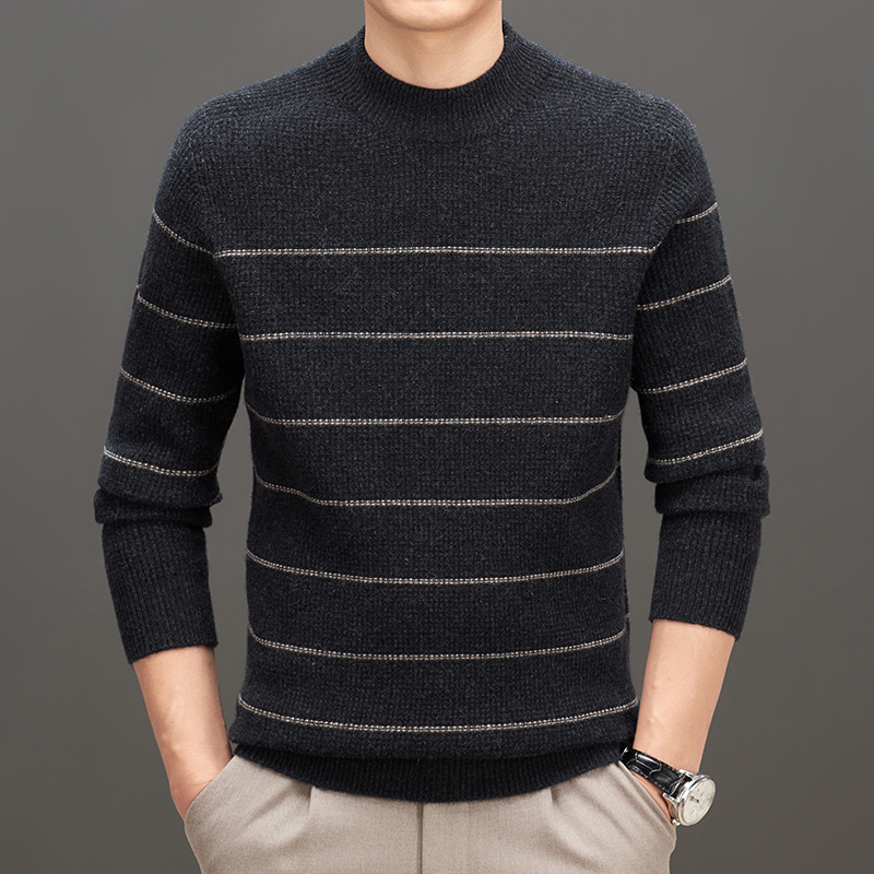 免费试穿 羊绒衫男圆领100%纯山羊绒衫条纹宽松打底衫加厚男士毛衣羊毛衫100%纯羊毛套头羊绒衫男士保暖上衣 碳灰 165