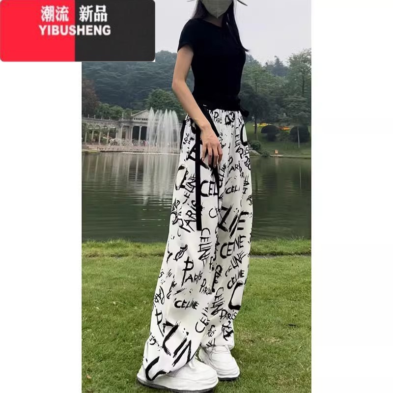 YIBUSHENG垂感字母涂鸦飘带阔腿休闲裤女季薄款大码宽松冰丝轻柔防蚊花阔高清大图