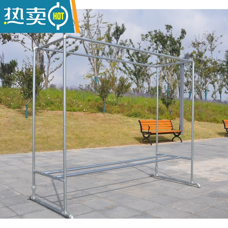 敬平镀锌钢管晾衣架简易落地户外室外双杆水管晒被家用阳台挂衣凉衣架 带轮子长1.8高1.6宽0.6 +送40个防风钩. 大高清大图