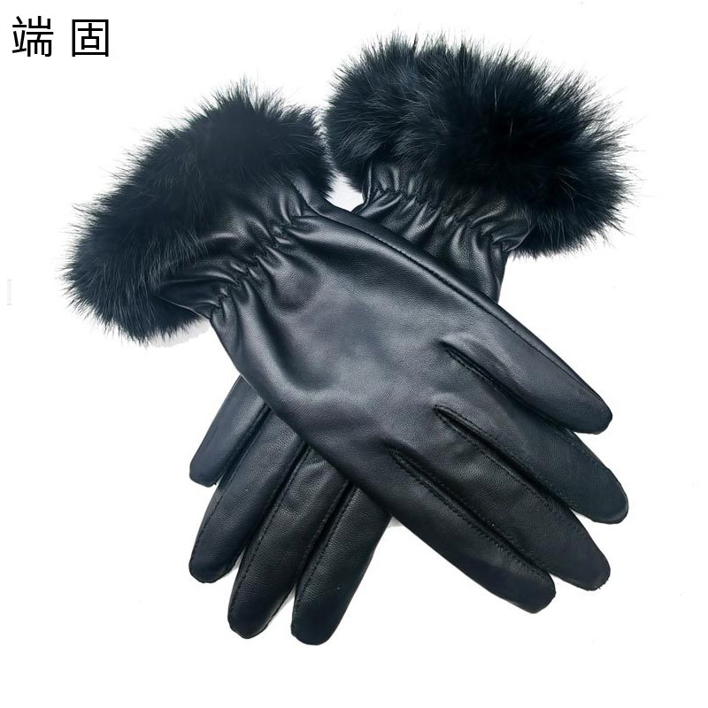 端固兔毛防寒羊皮手套D40T/副高清大图