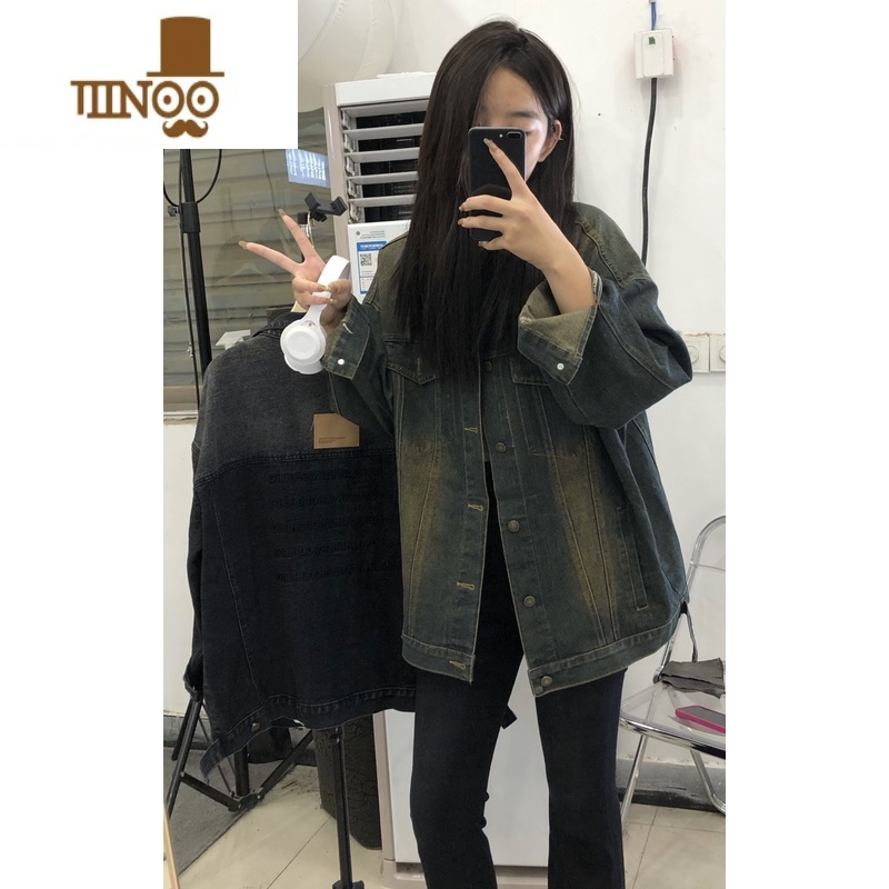 YANXU美式高街网红水洗黄泥复古牛仔外套后背字母夹克做旧宽松情侣男女高清大图