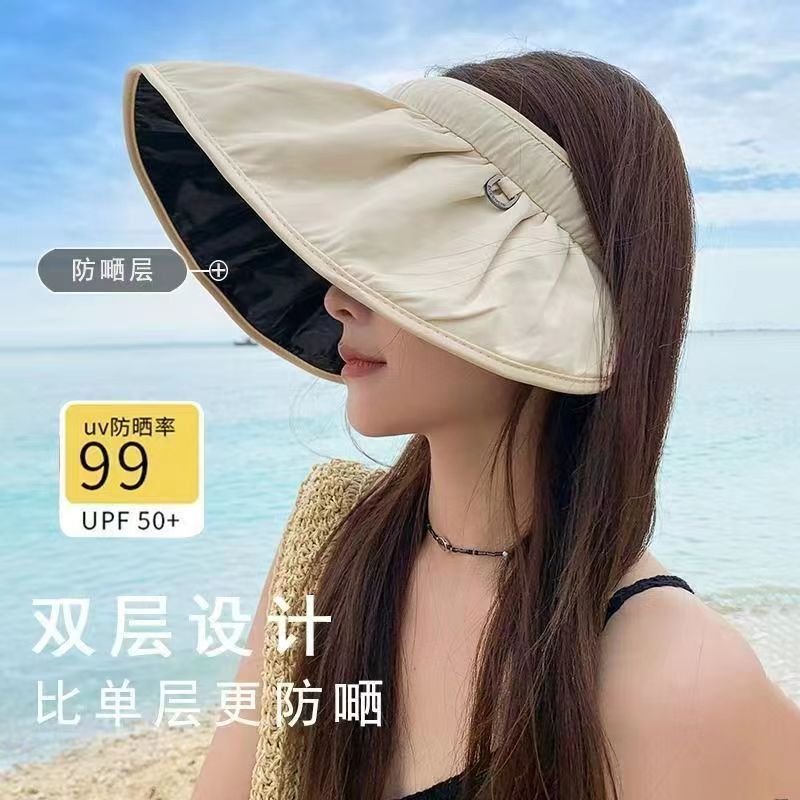 太阳帽夏季黑胶防紫外线新款遮阳帽女贝壳空顶帽便携遮脸大檐高清大图