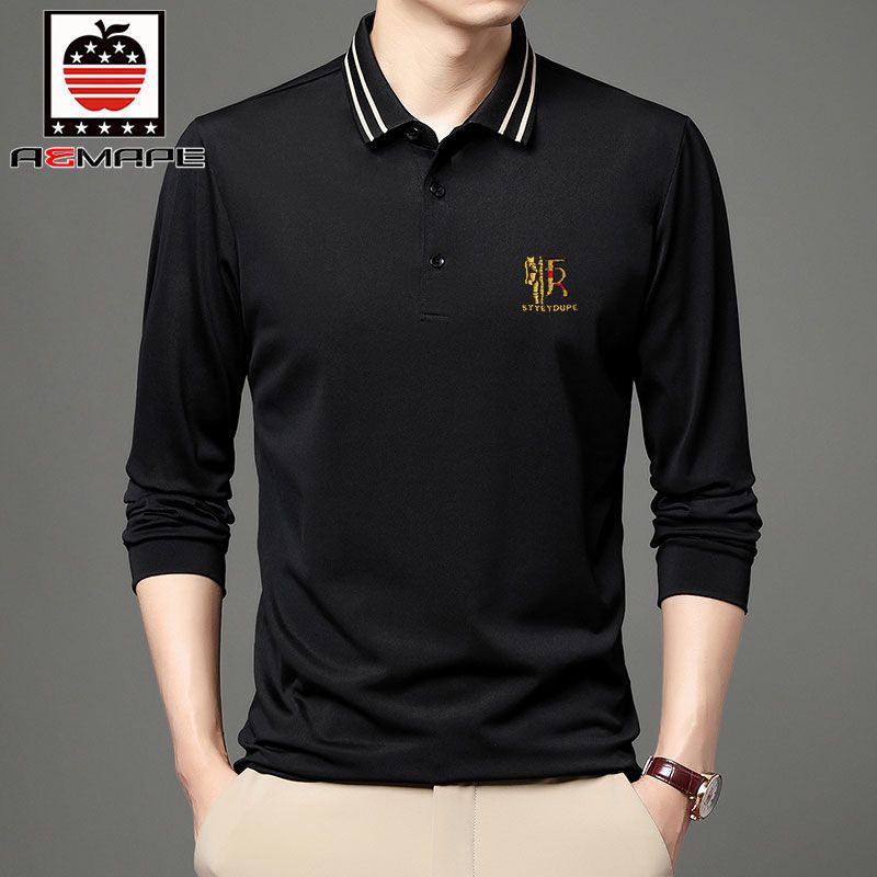 爱曼普新款含棉男士polo衫时尚条纹领纯色百搭休闲长袖薄款T恤男
