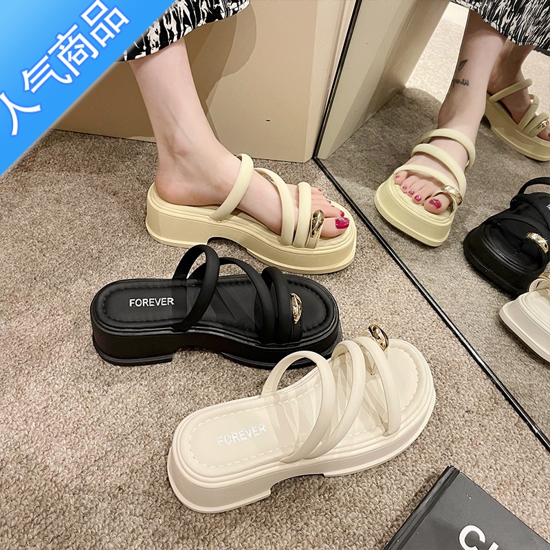 SUNTEK拖鞋女夏外穿2023新款法式晚风高级感厚底夹趾增高仙女配裙子凉鞋高清大图