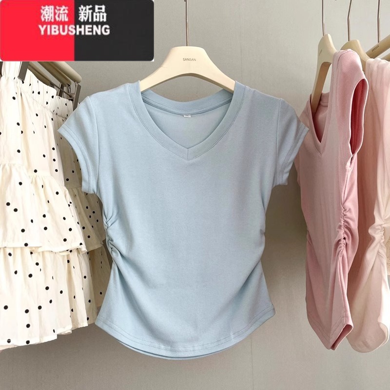 YIBUSHENGbaby蓝色正肩短袖T恤女2024季新款纯色显瘦修身褶皱收腰短上S高清大图