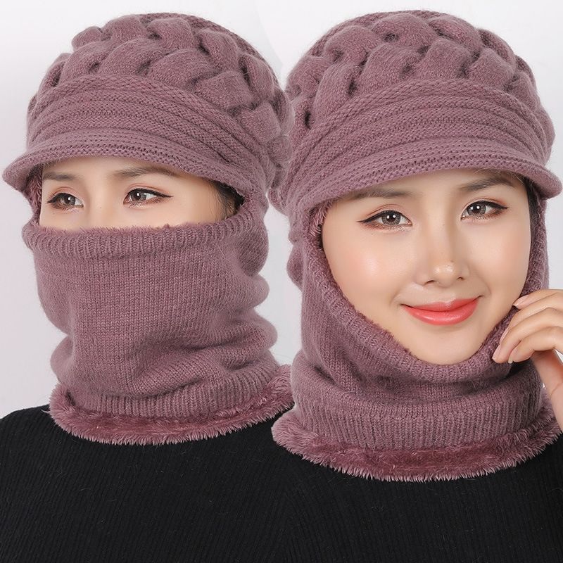 帽子女冬连体护耳中老年毛线帽骑车防风针织妈妈帽加绒保暖老人帽