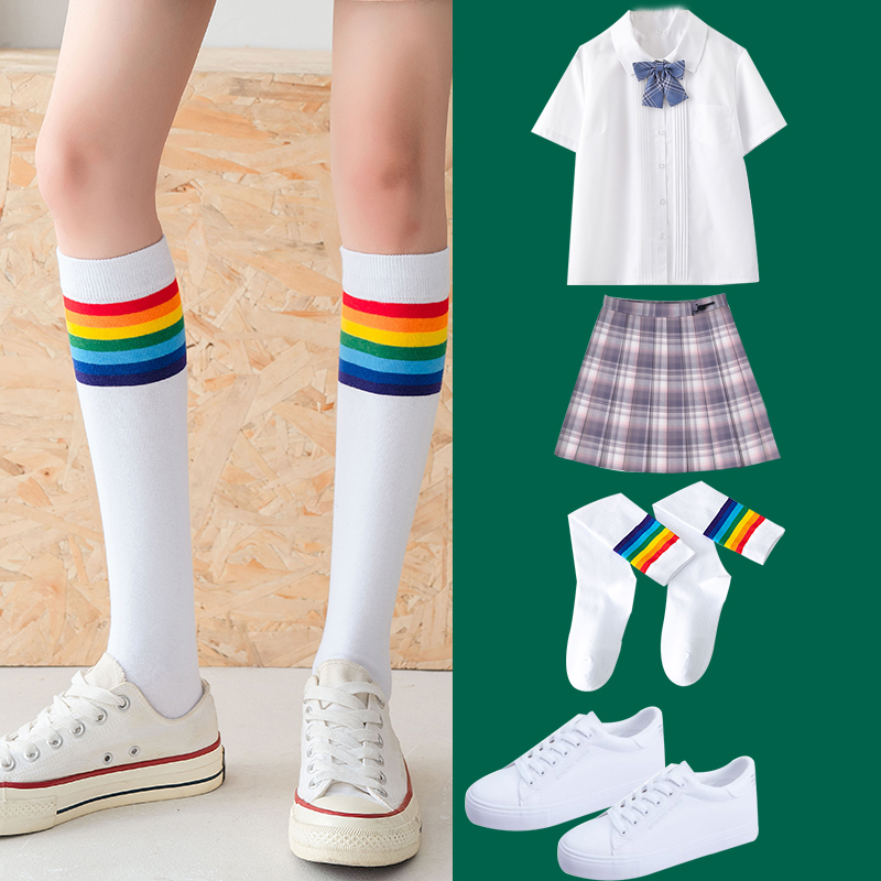 彩虹夏季薄款长筒袜潮ins彩色中筒白色半腿过膝筒小腿袜