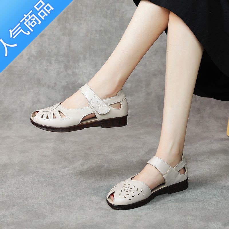 SUNTEK平底凉鞋女2023新款夏鱼嘴女鞋牛筋软底妈妈鞋休闲中老年奶奶白色图片