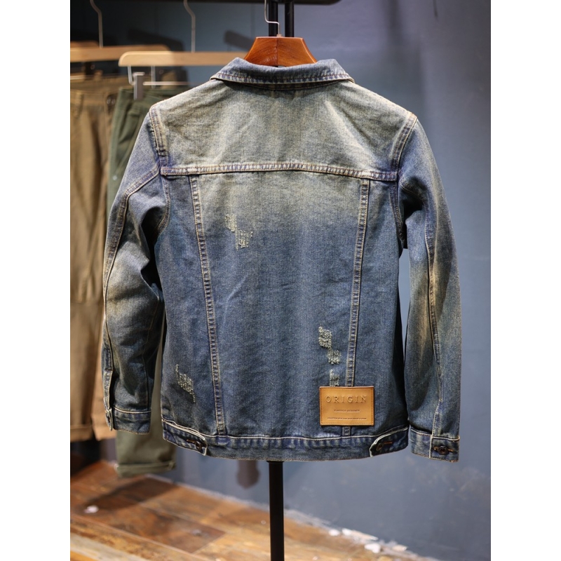 秋冬新款衣服男复古潮流贴标牛仔衣男士个性时尚宽松休闲牛仔夹克高清大图
