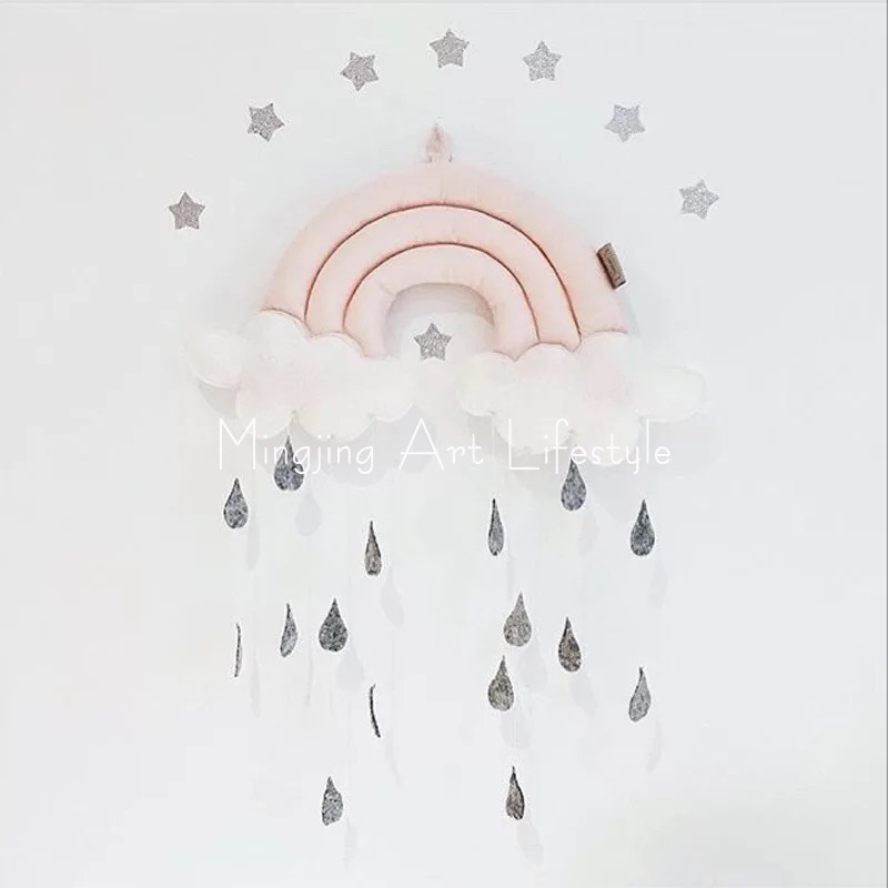 ins北欧彩虹云朵雨滴挂件布艺壁饰床幔帐篷配饰摄影拍照背景装饰 三维工匠 灰色彩虹+云朵