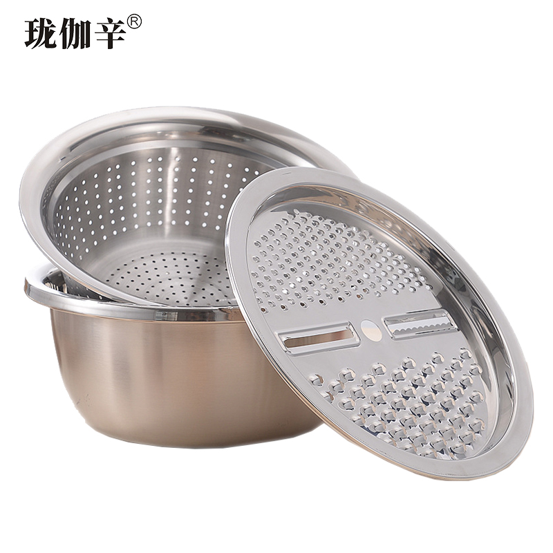 珑伽辛 不锈钢洗菜盆沥水盆刨丝器 28cm三件套/套高清大图