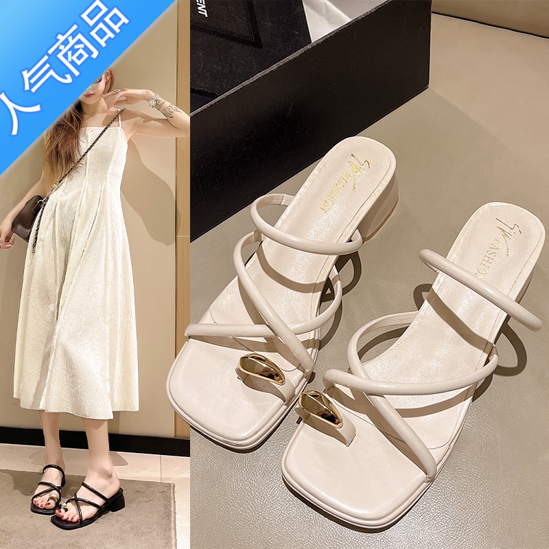 SUNTEK套趾凉鞋拖鞋女夏外穿法式晚风高跟中粗跟沙滩仙女风罗马夹脚凉拖高清大图