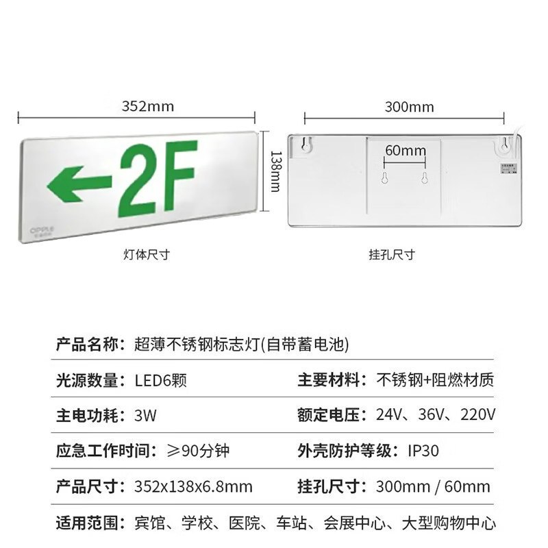 欧普照明BLJC-1LROEⅡ1W-OB05应急疏散标志指示灯-双面多信息楼层可变-悬吊
