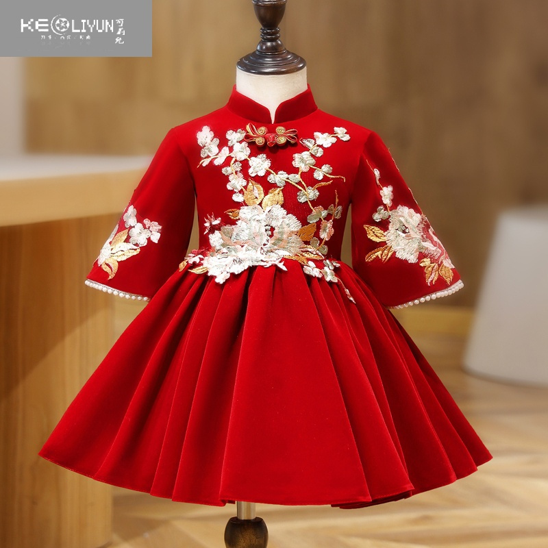 可莉允女童礼服蓬蓬裙唐装拜年服喜庆红色女孩公主裙加绒裙子春款中国