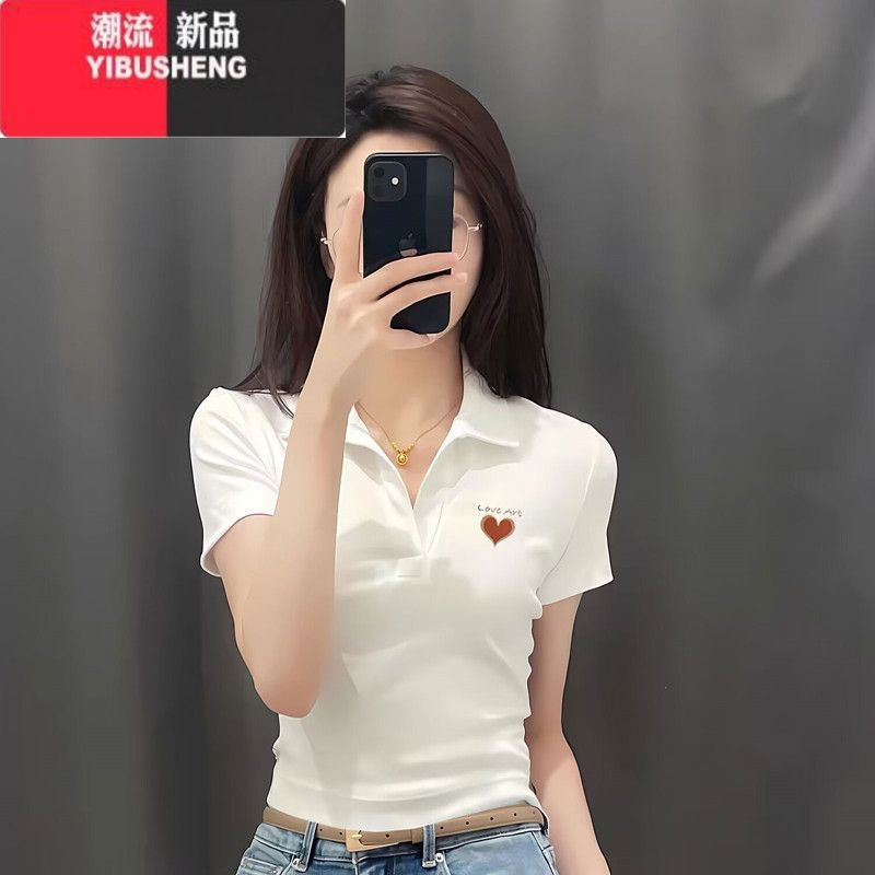 YIBUSHENG印花polo领短袖t恤女2024新款女装时尚韩版显瘦修身时尚上衣女p高清大图