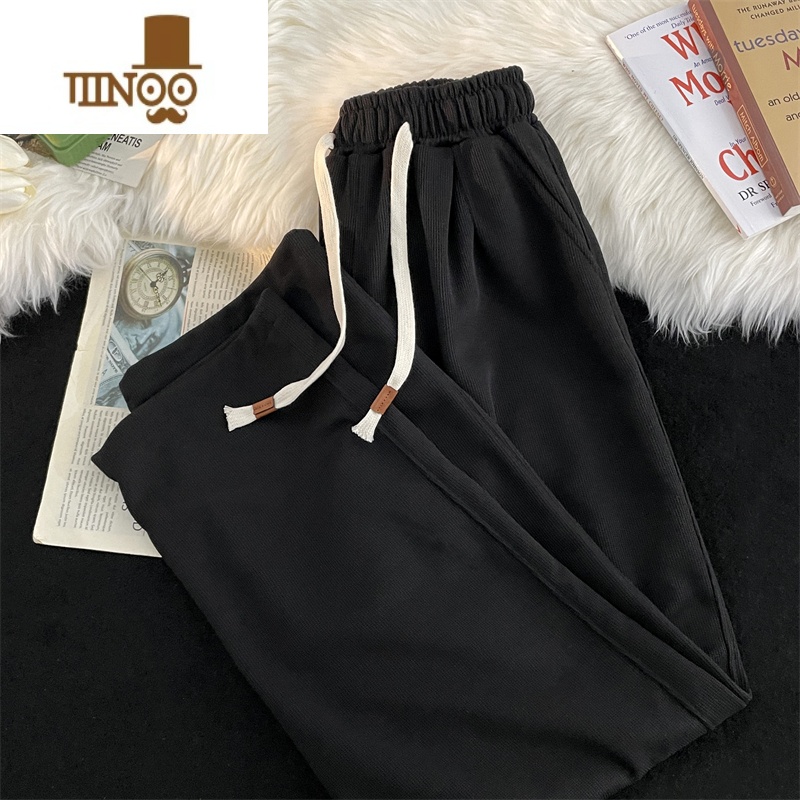 YANXU夏季松紧腰休闲裤男款ins潮牌纯色简约宽松百搭垂感直筒运动长i高清大图