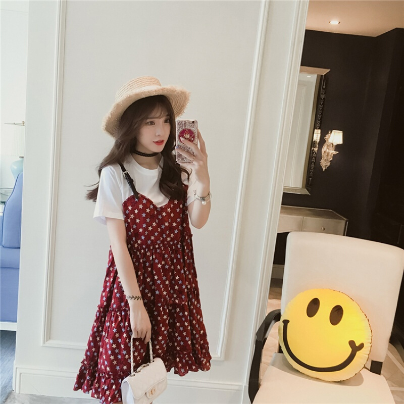 大萝莉大码女装胖妹妹夏装新款减龄学院风假两件套显瘦连衣裙藏肉图片色