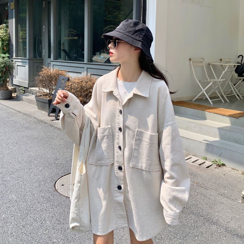 灯芯绒衬衫外套女春秋季新款韩版宽松复古港味百搭长袖设计感衬衣