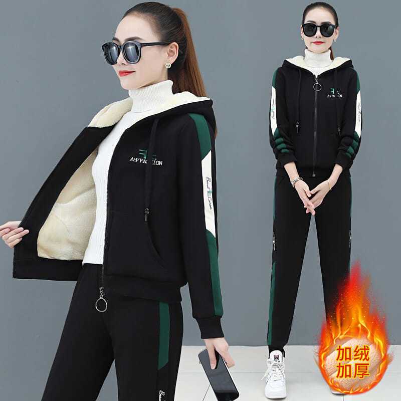 加厚加绒运动套装女秋冬2021新款韩版羊羔绒拉链卫衣休闲服两件套