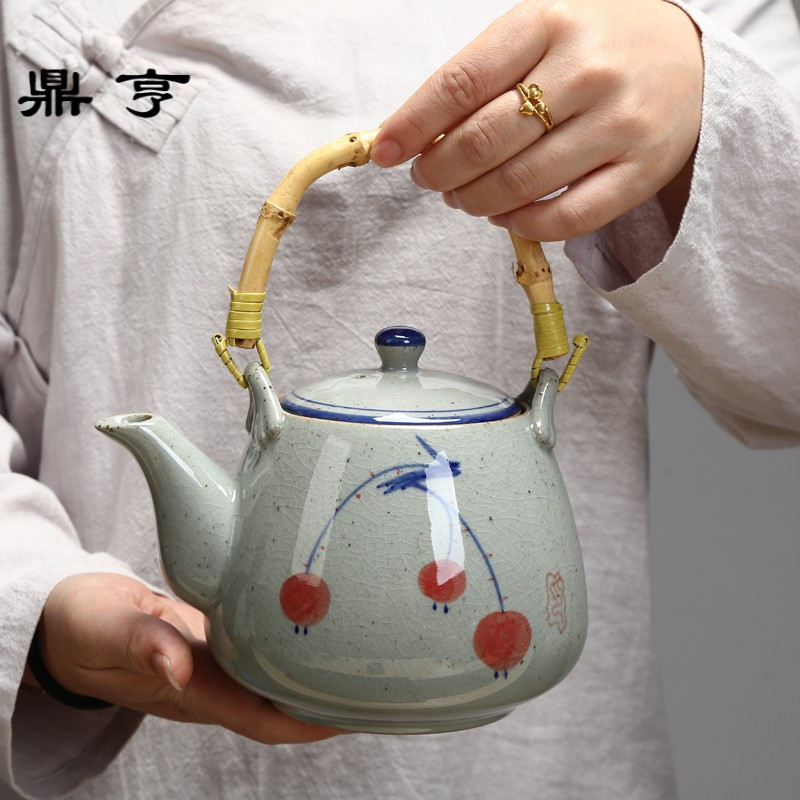 鼎亨大号泡茶壶手绘陶瓷复古青花提壶1000毫升壶餐厅饭店茶壶