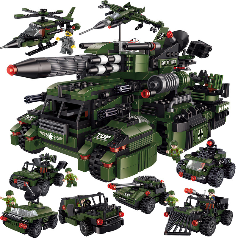 军事系列坦克装甲车拼装积木闪电突袭战车拼插模型大合体玩具车男孩