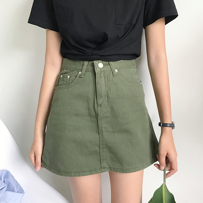 夏季甜美港味百搭女学生学院风高腰显瘦简约纯色牛仔半身裙A字裙
